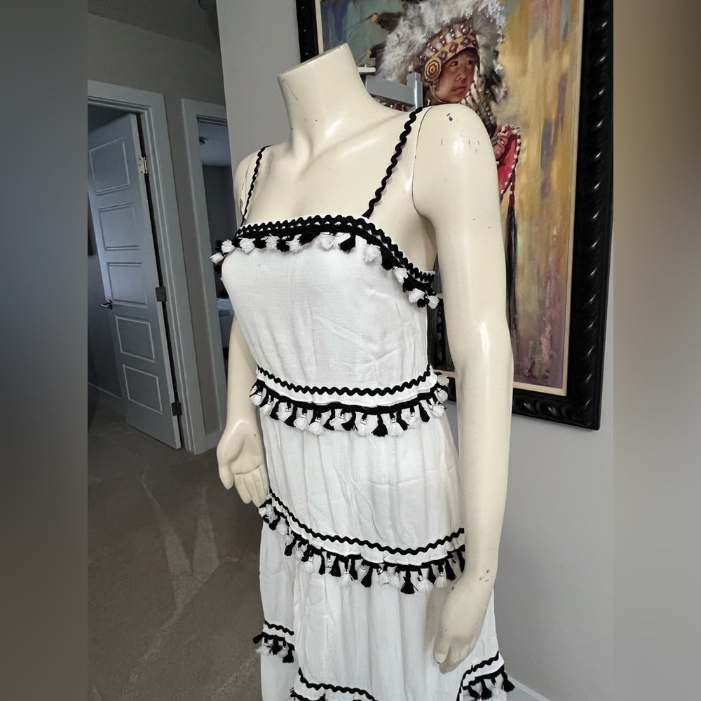 L’ATISTE Tiered White & Black Maxi Dress – Tassel Trim | Size XS - Picture 10 of 13